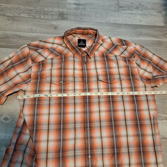 Prana Shirt Mens XXL Orange Brown Plaid Pearl Snap Organic Cotton Short Sleeve - Picture 6 of 12